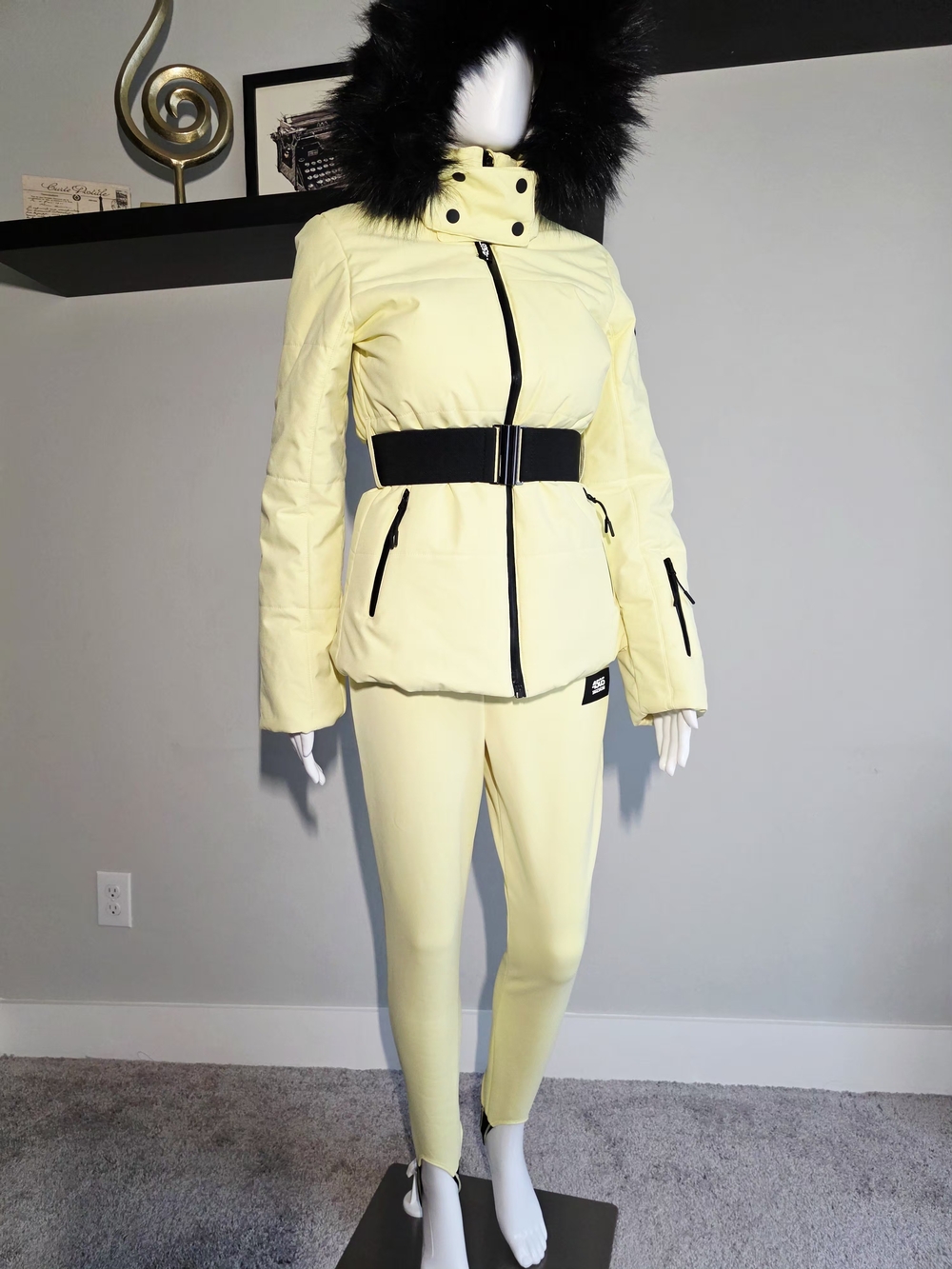 ASOS Yellow Belted Puffer Jacket with Faux Fur Hood